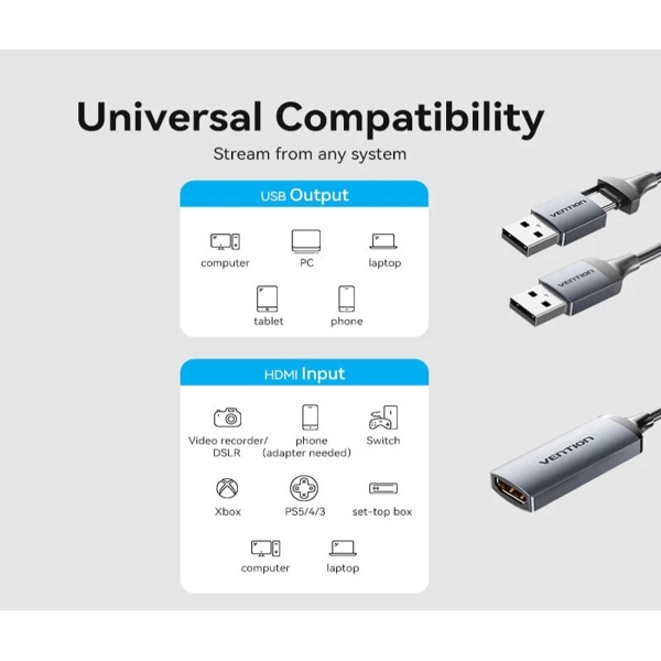 Capture Card Vention ACWHA, HDMI-A to USB-C/USB-A, 0.1m, Gray