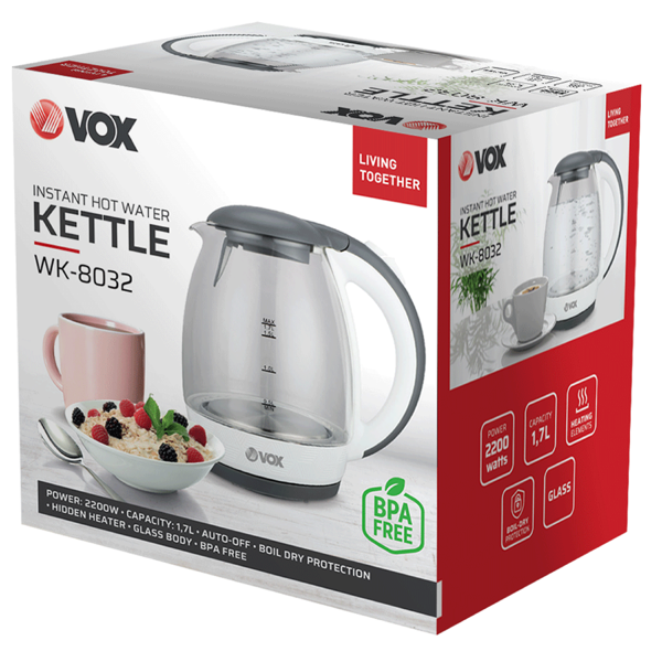 ელექტრო ჩაიდანი VOX WK8032, 2200W, 1.7L, Electric Kettle, Black/White