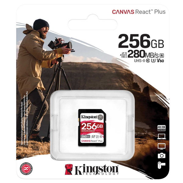 მეხსიერების ბარათი Kingston SDR2V6/256GB Canvas React Plus, 256GB, SDXC, C10, UHS-II, U3, Black