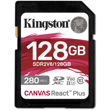 მეხსიერების ბარათი Kingston SDR2V6/128GB Canvas React Plus, 128GB, SDXC, C10, UHS-II, U3, Black