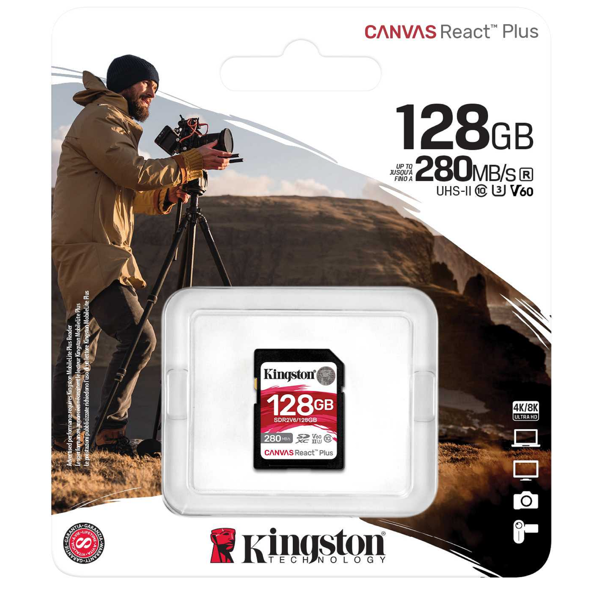 მეხსიერების ბარათი Kingston SDR2V6/128GB Canvas React Plus, 128GB, SDXC, C10, UHS-II, U3, Black