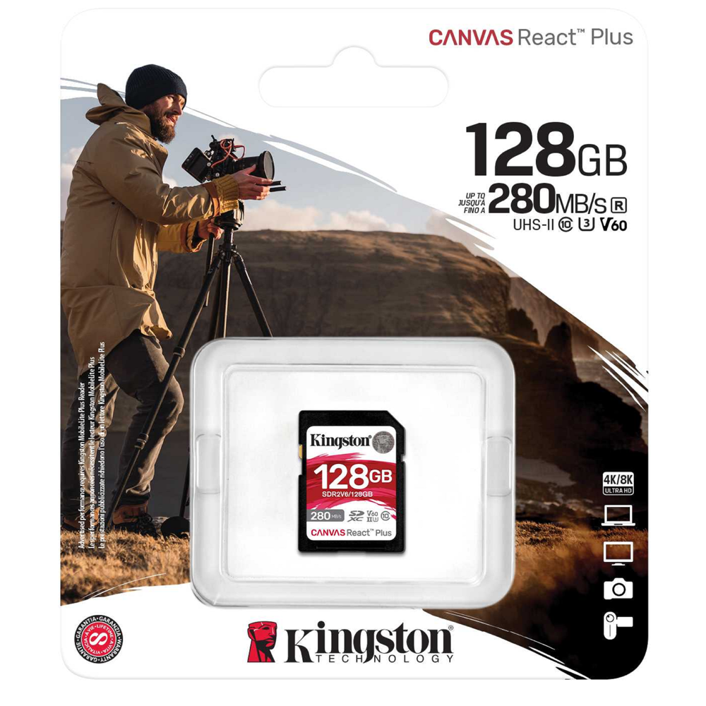 Kingston SDR2V6/128GB Canvas React Plus, 128GB, SDXC, C10, UHS-II, U3, Black