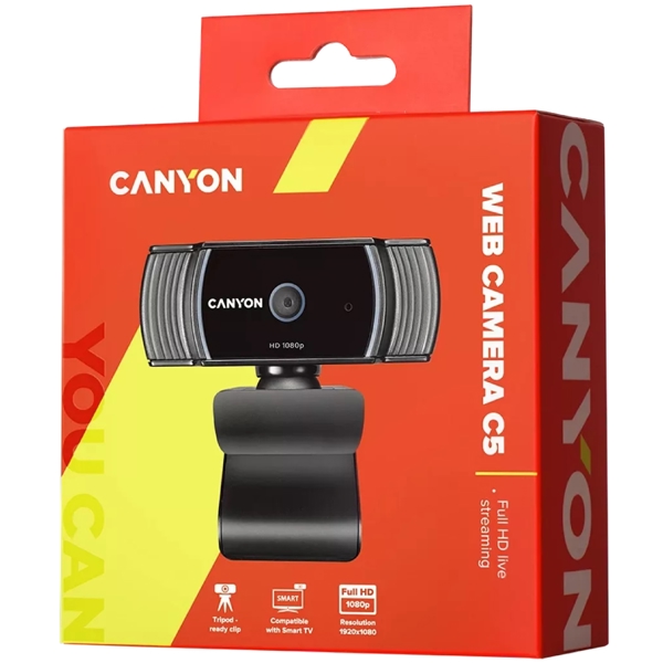 ვებკამერა Canyon CNS-CWC5, FHD, 2MP, Built-in Microphone, Webcam, Black