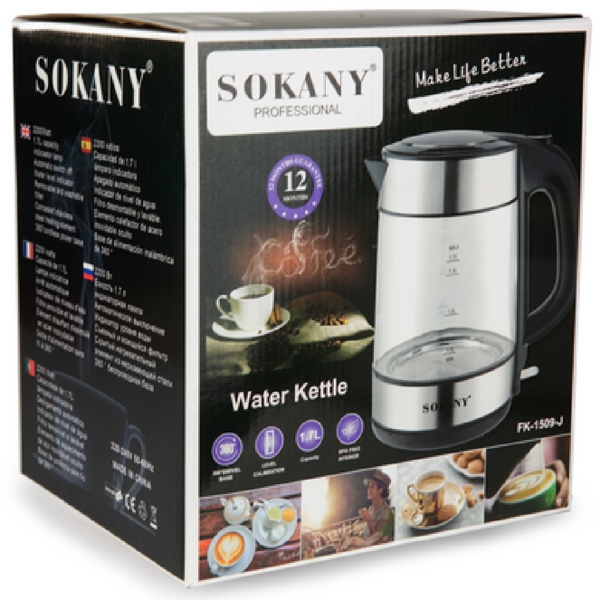 ელექტრო ჩაიდანი Sokany FK-1509-j, 2200W, 1.7L, Electric Kettle, Silver