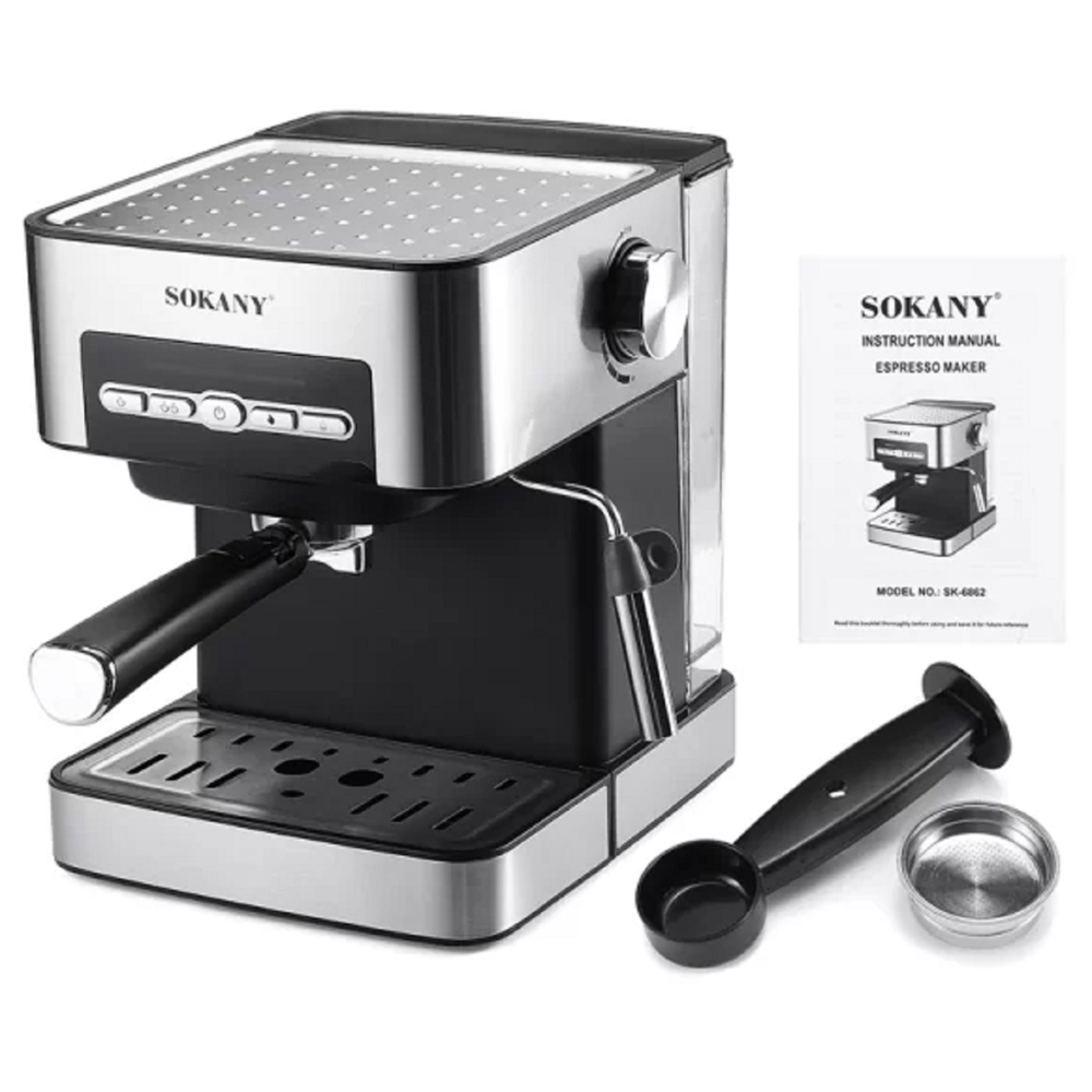 ყავის აპარატი Sokany SK-6862, 850W, 1.6L, Coffee Machine, Black/Inox