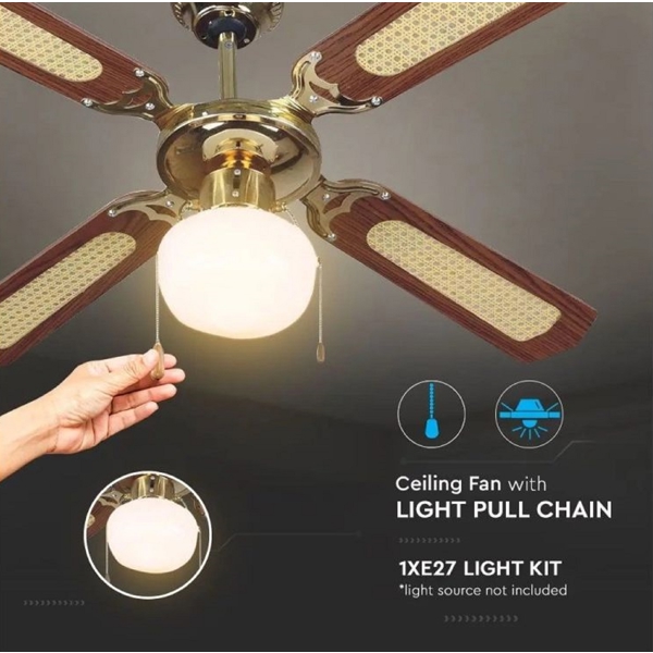 V-TAC 1xE27 7914, 50W, Chandelier Ceiling Fan, Gold