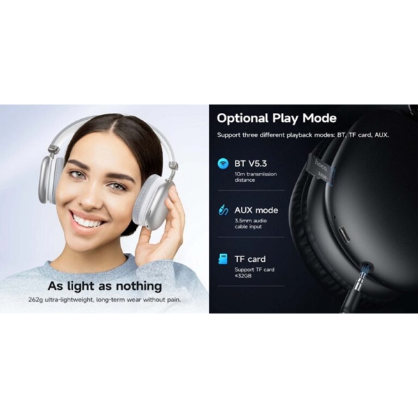 ყურსასმენი Hoco W35 Max Joy, Headset, Wireless, Bluetooth, 3.5mm, Silver