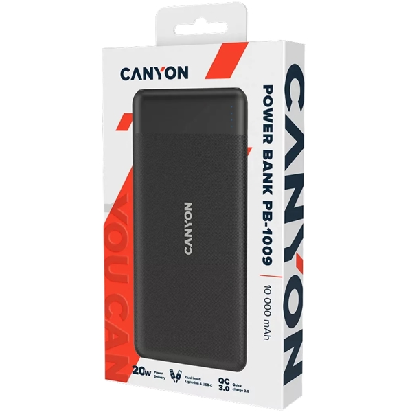 პორტატული დამტენი Canyon CNE-CPB1009B, 10000mAh, USB-C, USB-A, Power Bank, Black