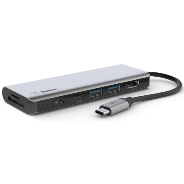 USB-C ჰაბი Belkin AVC009BTSGY, USB-C, HDMI, MicroSD, USB-A, 3.5mm, Hub, Silver