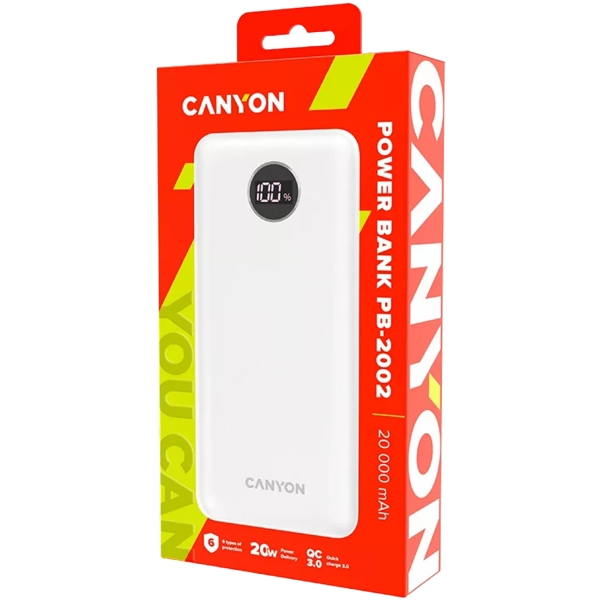 პორტატული დამტენი Canyon CNE-CPB2002W, 20000 mAh, USB Type-C, USB, Power Bank, White