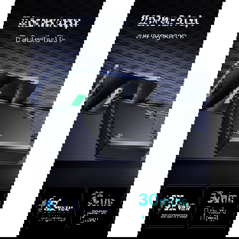 პორტატული დამტენი UGREEN PB312 (25683), 20000mAh 22.5W, Type-C, USB, Two-way Power Bank, Black