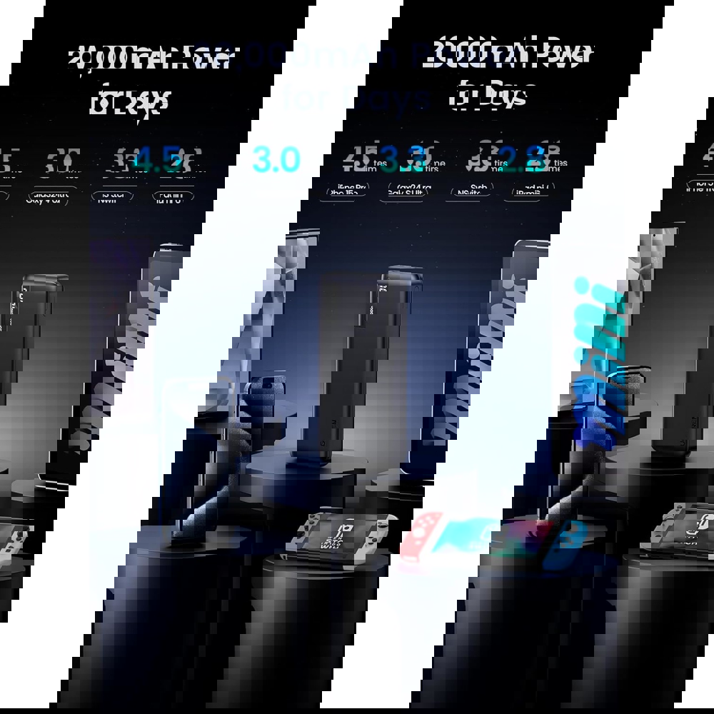 პორტატული დამტენი UGREEN PB312 (25683), 20000mAh 22.5W, Type-C, USB, Two-way Power Bank, Black