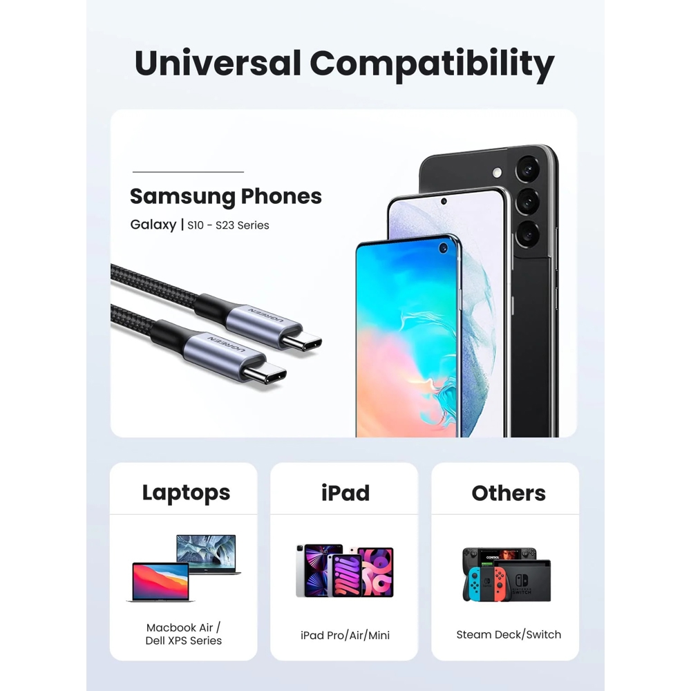 USB კაბელი UGREEN US261 (50149), 60W, Type-C To Type-C Cable, 0.5m, Grey