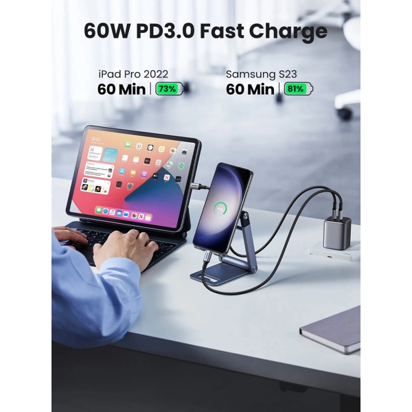 USB კაბელი UGREEN US261(50149), 60W, USB-C To USB-C, 0.5m, Grey