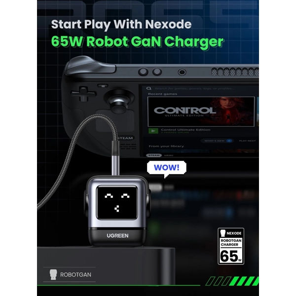 მობილურის დამტენი UGREEN CD361 (25685B) Nexode Uno RobotGaN, 65W, USB, Type-C, Black/Grey