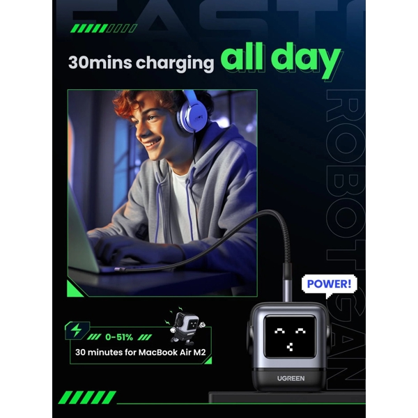 მობილურის დამტენი UGREEN CD361 (25685B) Nexode Uno RobotGaN, 65W, USB, Type-C, Black/Grey