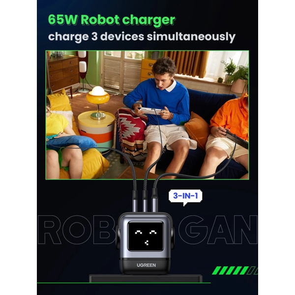 მობილურის დამტენი UGREEN CD361 (25685B) Nexode Uno RobotGaN, 65W, USB, Type-C, Black/Grey