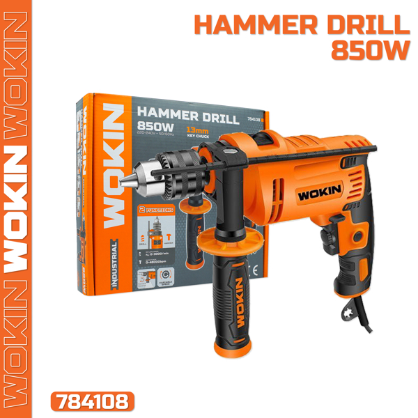 ბურღი Wokin 784108, 850W, 3000Rpm, Hammer Drill, Black/Orange 