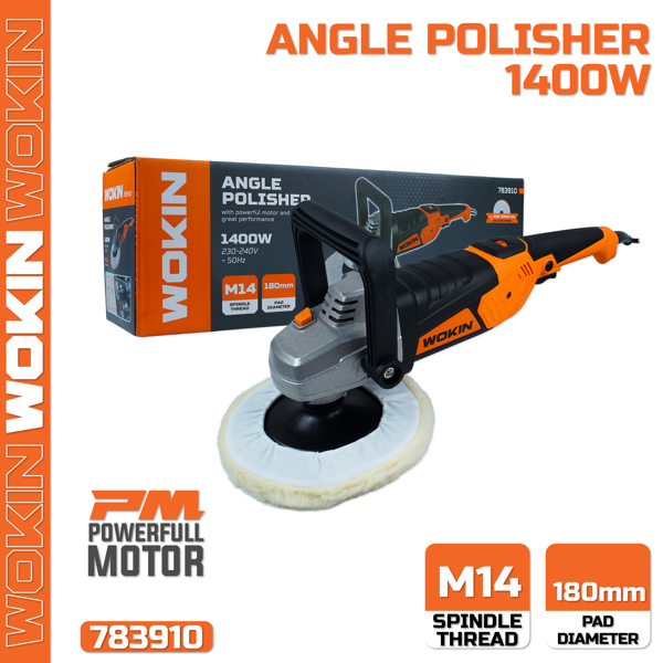 პოლირების აპარატი Wokin 783910, ANGLE POLISHER 1400W, 180mm, 3300Rpm, Black/Orange 