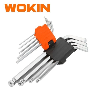 ექვსკუთხა სახრახნისის ნაკრები Wokin 207609, 9Pcs BALL POINT EXTRA-LONG ARM HEX KEY SET, Silver/Black