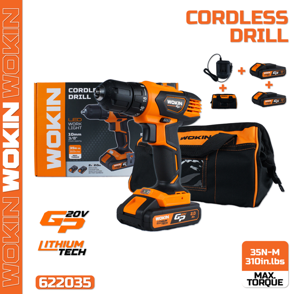 ბურღი Wokin 622035, 1500Rpm, 20V LI-ION CORDLESS DRILL Black/Orange