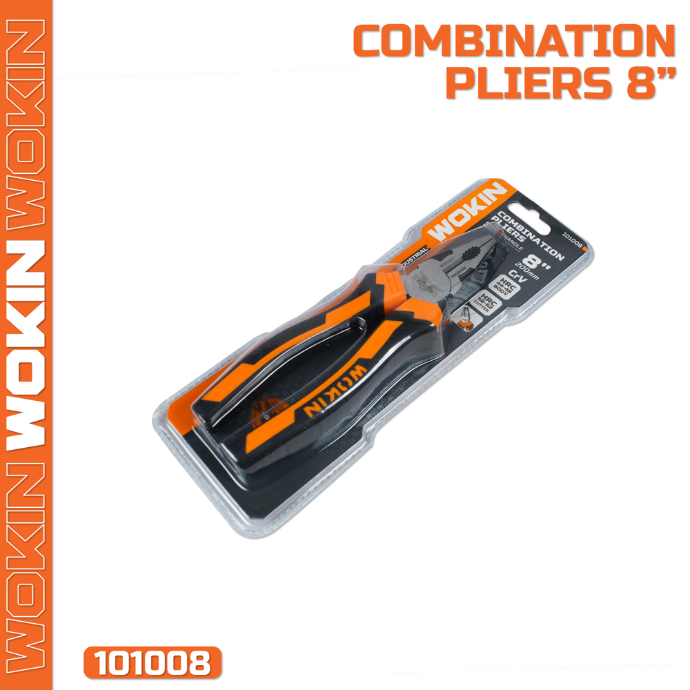 Wokin 101008, 200mm COMBINATION PLIERS (INDUSTRIAL), Black/Orange