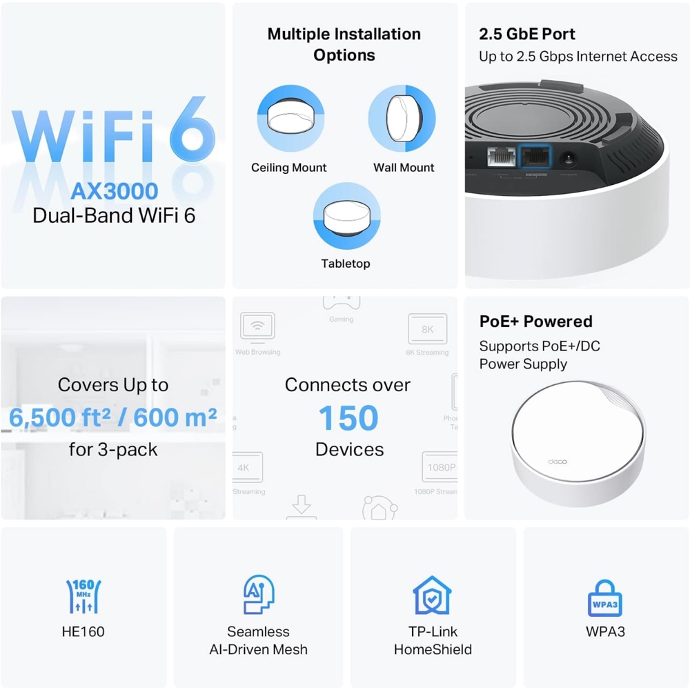 როუტერი TP-Link Deco DECO X50-POE(3-PACK) AX3000, 2402 Mbps, Whole Home Mesh Wifi System, White