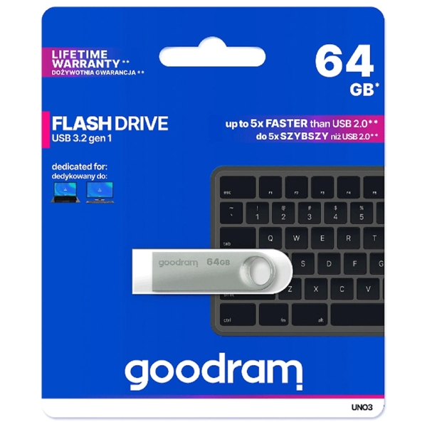 USB ფლეშ მეხსიერება GoodRam UNO3-0640S0R11, 64GB, USB 3.2, Silver