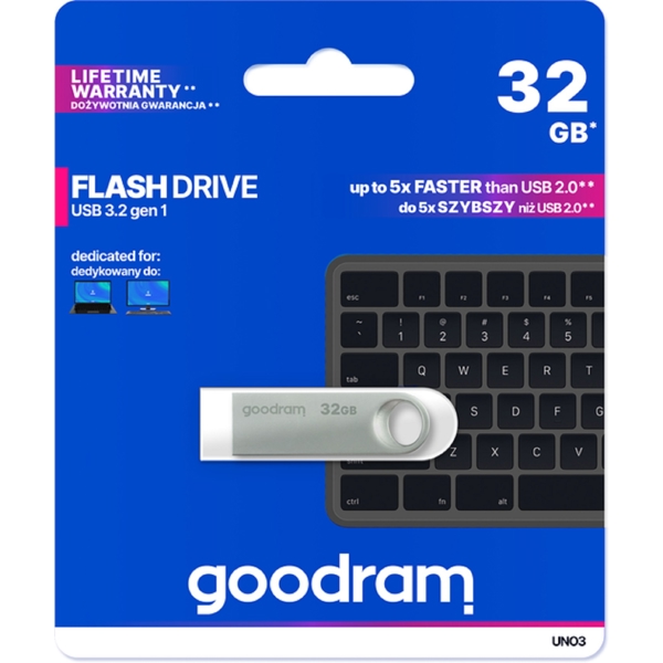 USB ფლეშ მეხსიერება GoodRam UNO3-0320S0R11, 32GB, USB 3.2, Silver