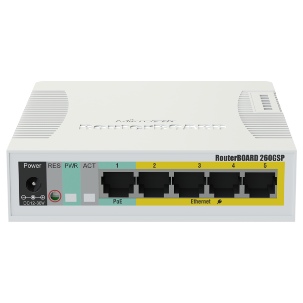 სვიჩი Mikrotik RB260GSP, 5-Port Gigabit, PoE+Switch, White