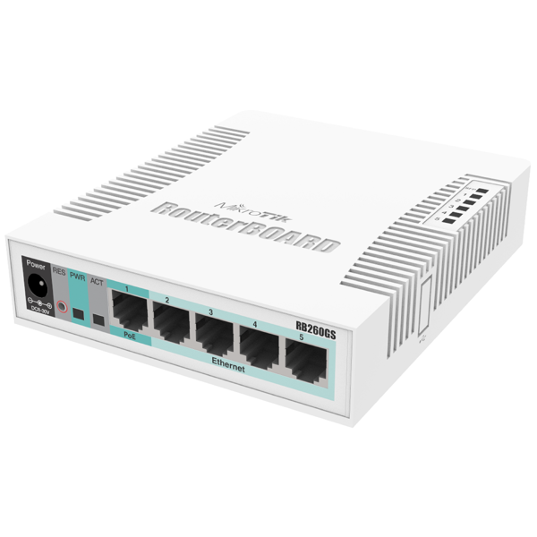 სვიჩი Mikrotik RB260GS, 5-Port Gigabit, PoE+Switch, White