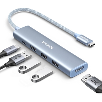 USB-C ჰაბი UGREEN CM478 (35581), USB, USB-C, HDMI, HUB, Blue