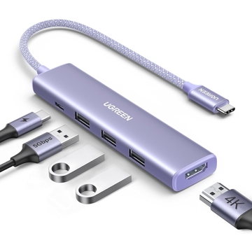 USB-C ჰაბი UGREEN CM478 (35582), USB, Type-C HDMI, HUB, Purple