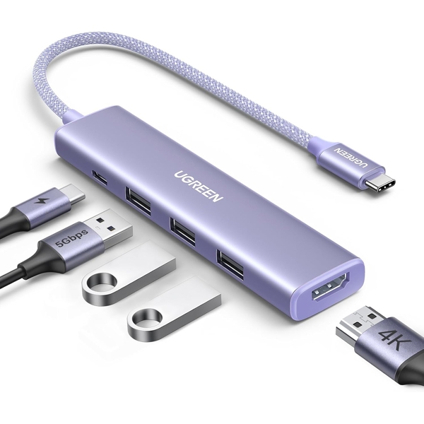 USB-C ჰაბი UGREEN CM478 (35582), USB, USB-C, HDMI, HUB, Purple