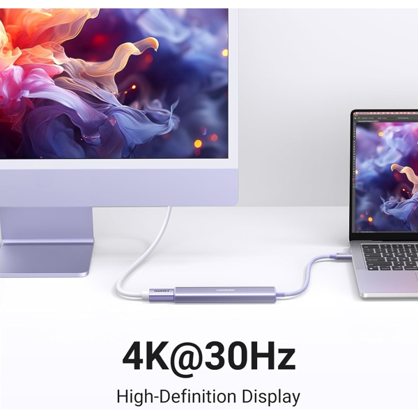 USB-C ჰაბი UGREEN CM478 (35582), USB, USB-C, HDMI, HUB, Purple