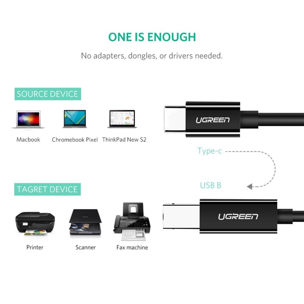 UGREEN US241 (80811), USB-C Male To USB-B 2.0 Male, Printer Cable, 1M, Black