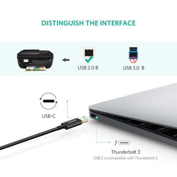 UGREEN US241 (80811), USB-C Male To USB-B 2.0 Male, Printer Cable, 1M, Black