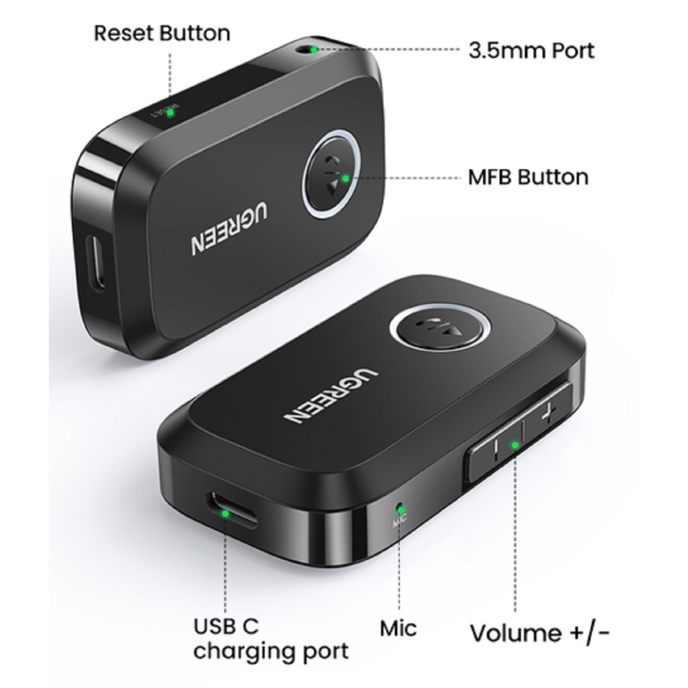 Bluetooth მიმღები UGREEN CM596 (90748), Bluetooth 5.3, AUX, Car Adapter, Black
