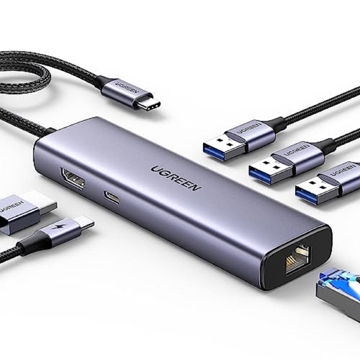 USB-C ჰაბი UGREEN CM512 (15598), Type-C, USB, HDMI, Lan, PD, Hub, Grey