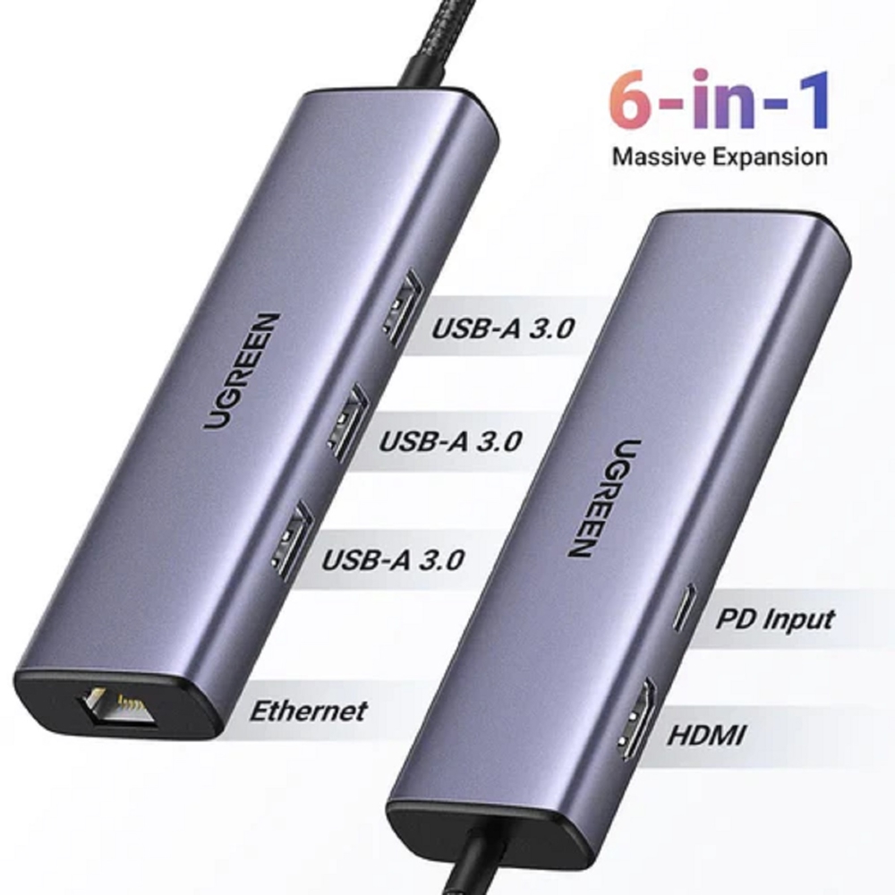 USB-C ჰაბი UGREEN CM512 (15598), Type-C, USB, HDMI, Lan, PD, Hub, Grey