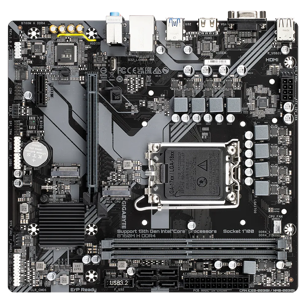 დედა დაფა Gigabyte B760M H, LGA 1700, DDR4, DIMM, 64GB