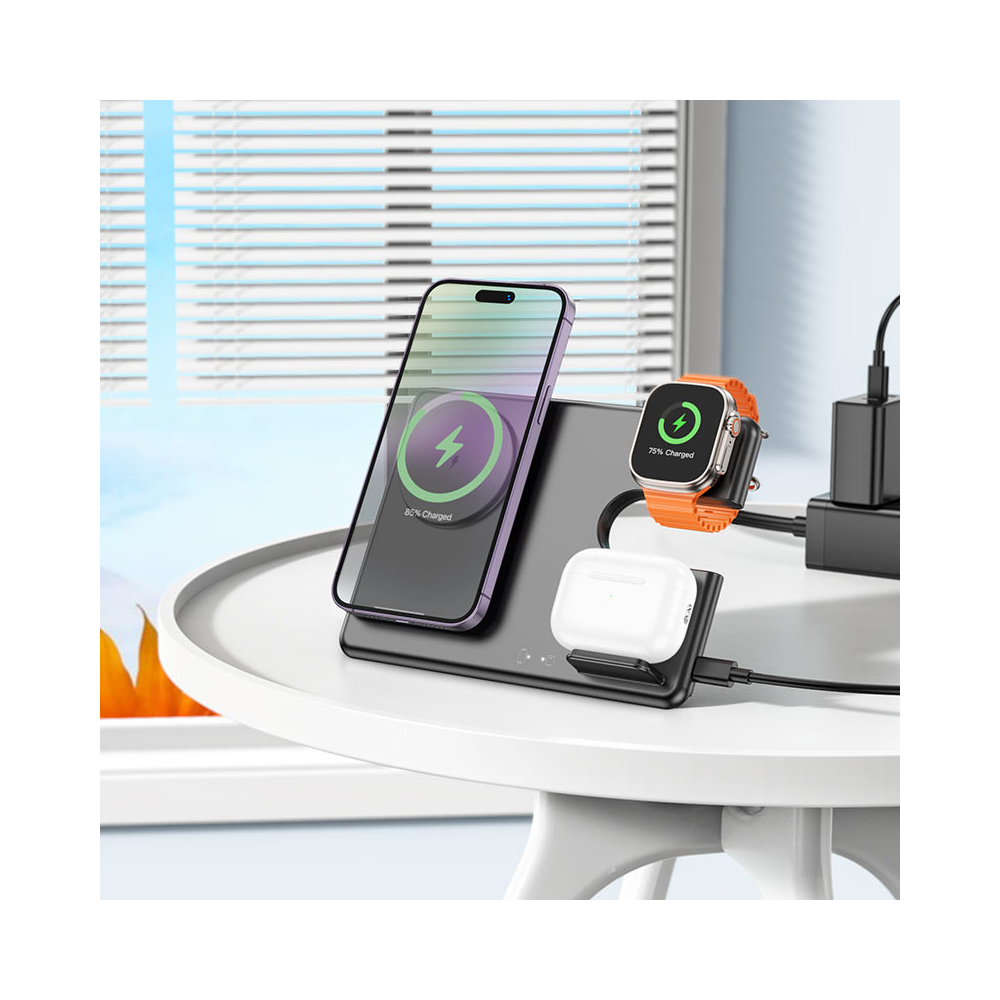 უსადენო დამტენი Hoco 6942007602310 CQ Geek, 15W, 3-in-1 Magnetic Wireless Charger, Black