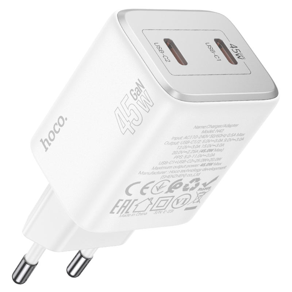 მობილურის დამტენი Hoco 6942007617093 N42 Elogiado, 45W, USB-C, White