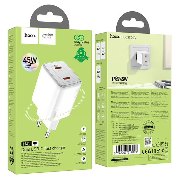 მობილურის დამტენი Hoco 6942007617093 N42 Elogiado, 45W, USB-C, White