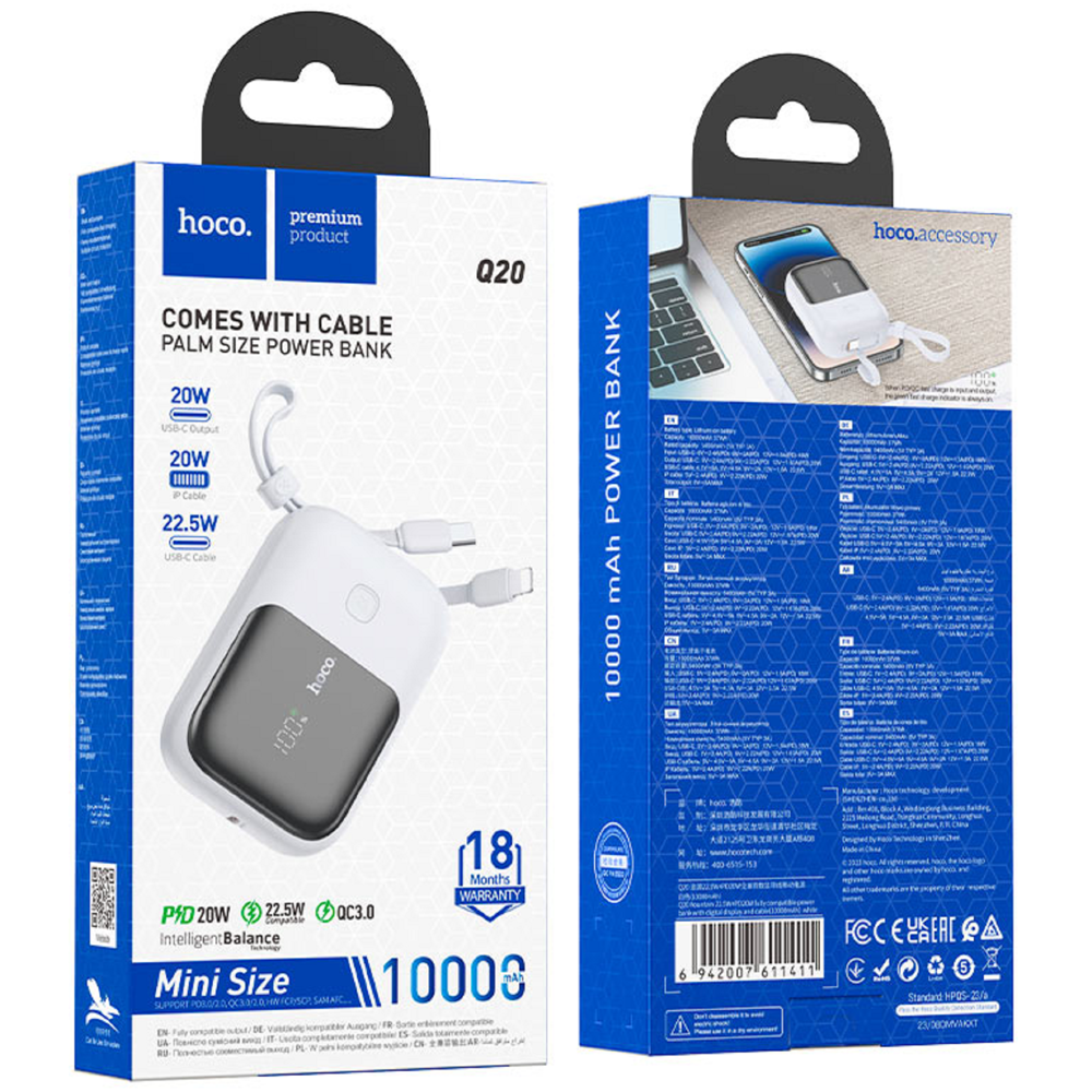 Hoco 6942007611411 Q20 Fountain, 10000mAh, Type-C, Lightning, Power Bank, White