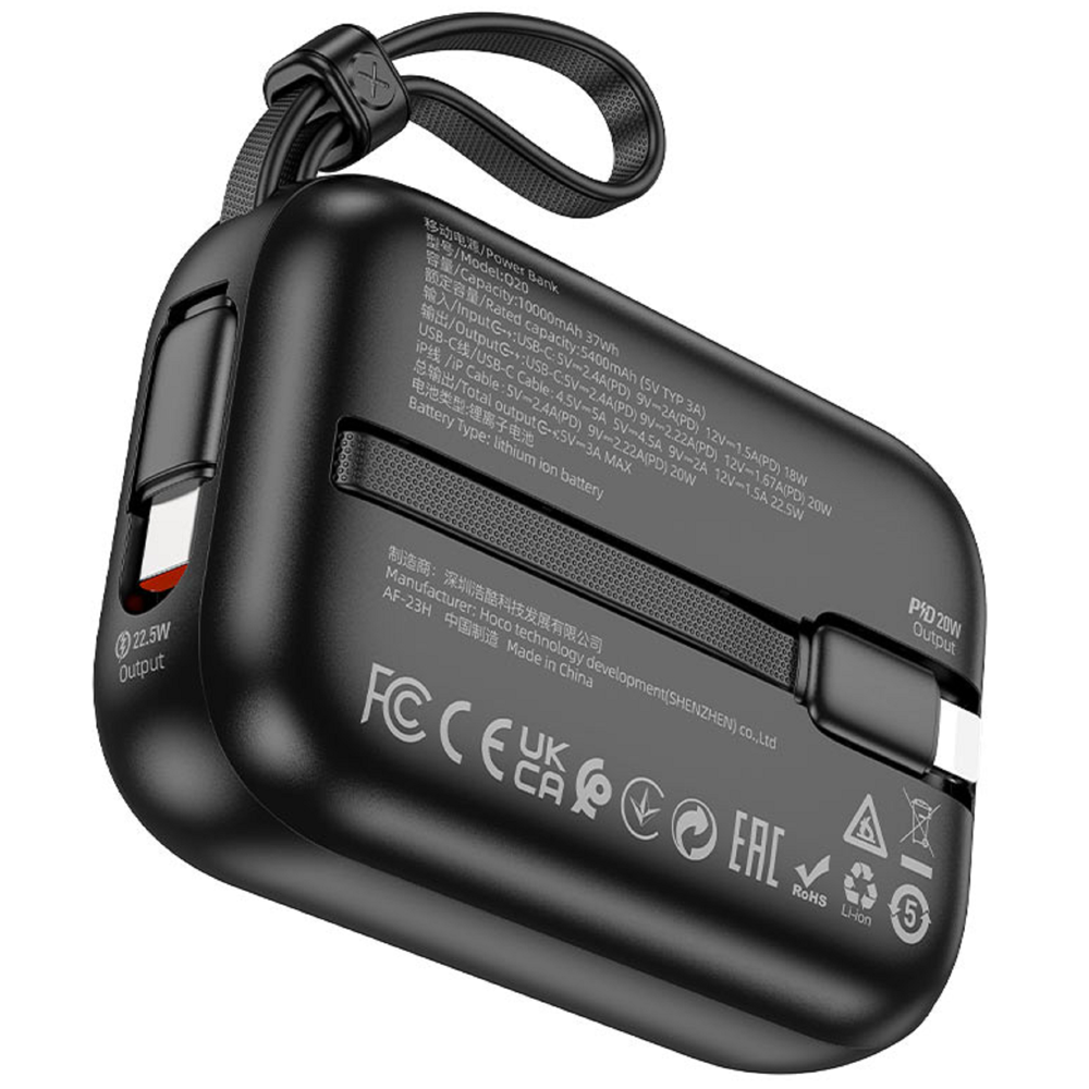 პორტატული დამტენი Hoco 6942007611404 Q20 Fountain, 10000mAh, Type-C, Lightning, Power Bank, Black