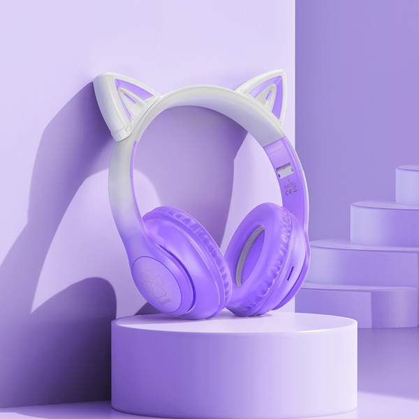 ყურსასმენი Hoco 6931474795854 W42 Cat Ears, Headset, Wireless, Bluetooth, TF, AUX, Purple Grape