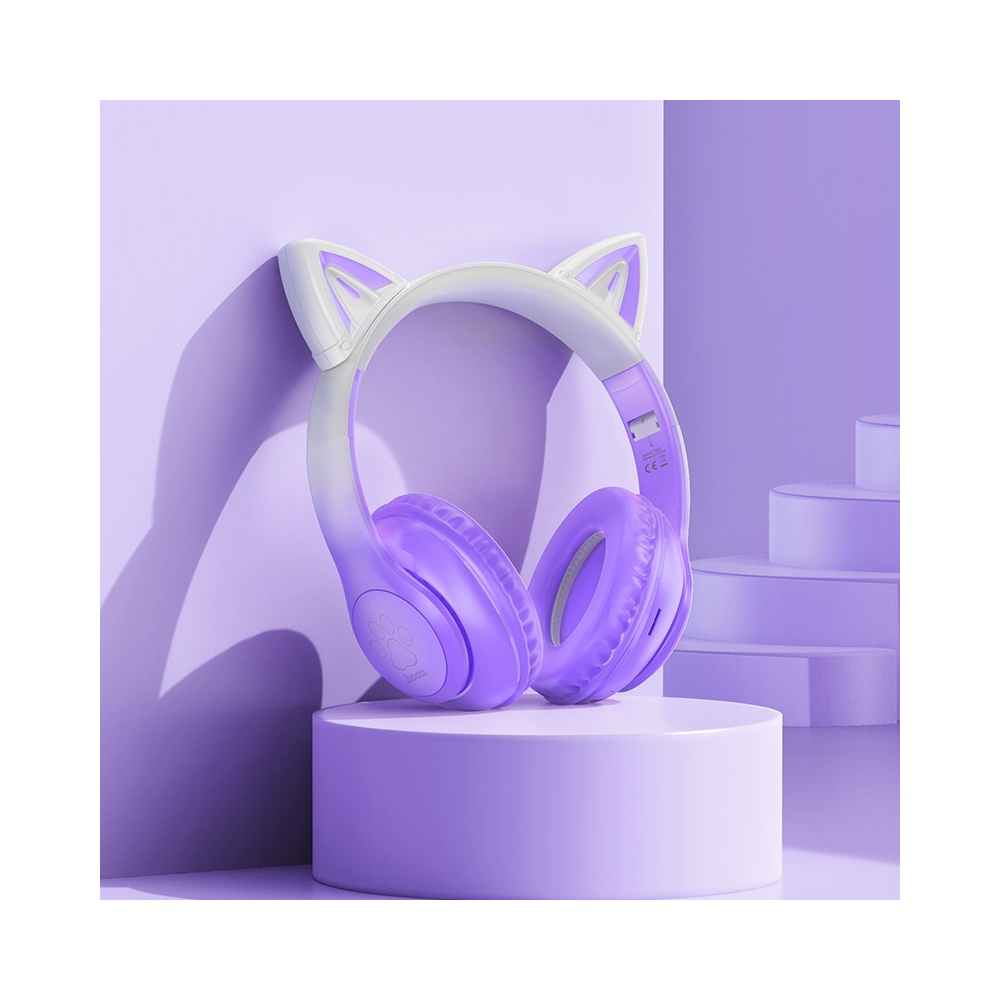 ყურსასმენი Hoco 6931474795854 W42 Cat Ears, Headset, Wireless, Bluetooth, TF, AUX, Purple Grape