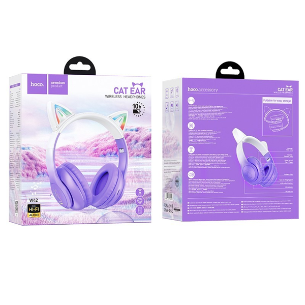 ყურსასმენი Hoco 6931474795854 W42 Cat Ears, Headset, Wireless, Bluetooth, TF, AUX, Purple Grape