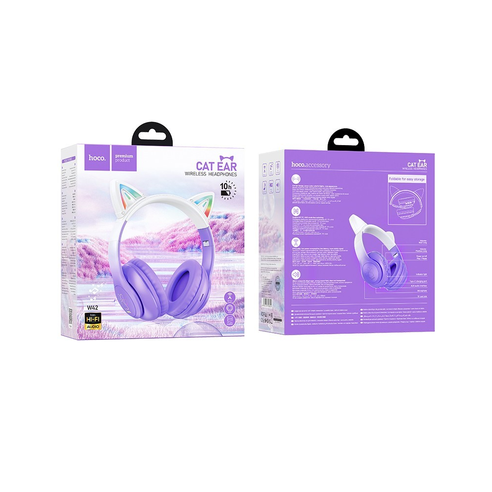 ყურსასმენი Hoco 6931474795854 W42 Cat Ears, Headset, Wireless, Bluetooth, TF, AUX, Purple Grape